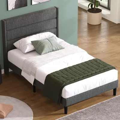 Image de OKWISH Lit simple 90x200 cm - Lit adulte capitonné avec tête de lit - Lin - Sans Matelas - Gris Foncé
