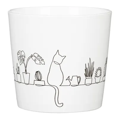 A white ceramic pot with a black line drawing of a cat and plants.