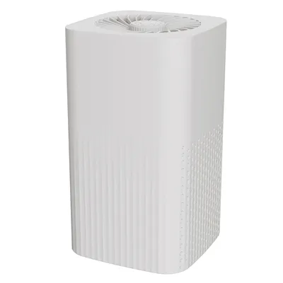 A white air purifier is shown against a white background.