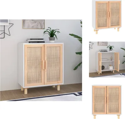 Produktbild von vidaXL Sideboard Weiß 60x30x70 cm Massivholz Kiefer und Natur-Rattan -  Sideboards