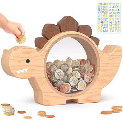 Produktbild von Holzsparschwein in Form eines Dinosauriers für Kinder, niedliches Holzsparschwein in Form eines Dinosauriers, kreatives Sparschwein, personalisiertes Geschenk für Kindergeburtstage und zur Dekoration.