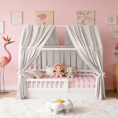 Produktbild von Himmel für Hausbett, Betthimmel aus Musselin mit 2 Stück Vorhängen für die Dekoration im Kinderzimmer, Grau