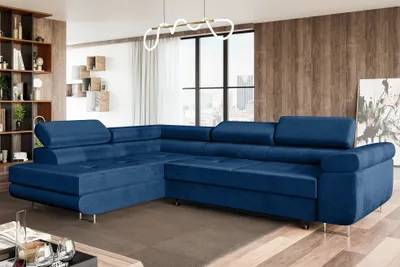 Produktbild von MEBLINI Schlafcouch mit Bettkasten - Ecksofa mit Schlaffunktion - Sofa mit Relaxfunktion und Kopfstützen - Couch L-Form - Eckcouch - Wohnlandschaft - MALIBA - 277x203x63cm Links - Blau Samt