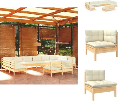 Produktbild von vidaXL 12-tlg. Garten-Lounge-Set mit Creme Kissen Massivholz Kiefer -  Gartenmöbel-Sets