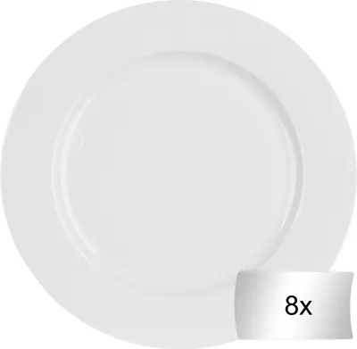 A single white dinner plate shown from a top-down perspective.