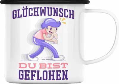 Produktbild von Trendation - Glückwunsch Du Bist Geflohen Emaille Tasse Jobwechsel Abschied Abschiedsgeschenk Lustiger Spruch (Schwarz)
