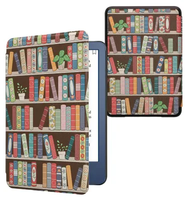 Produktbild von kwmobile Schutzhülle für Amazon Kindle (2022/2024) Hülle - eReader Flip Case mit Auto Sleep Funktion - Bücherregal mit Pflanzen mit Blau Grün Pink