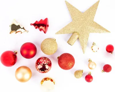 Produktbild von Weihnachtsdekorations-Set aus 44 Teilen: Weihnachtsbaumschmuck - Girlanden, Kugeln, Baumspitze - Farbschema: GOLD und ROT