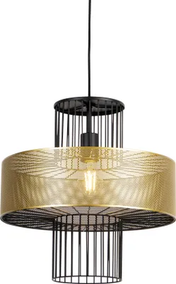 Produktbild von QAZQA - Design Hängelampe I Pendellampe I Pendelleuchte Gold I Messing mit schwarz 40 cm - Tess I Wohnzimmer I Schlafzimmer - Stahl Zylinder I Rund - LED geeignet E27