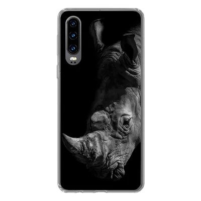 Produktbild von MuchoWow® Handyhülle Schutzhülle Hülle für Huawei P30 Nahaufnahme eines Nashorns auf schwarzem Hintergrund Silikon Softcase Handy Hülle - Kartenbesitzer