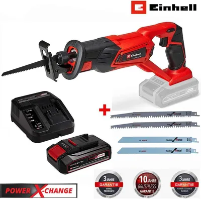 A collage of a cordless reciprocating saw, its battery, charger, and multiple saw blades, along with warranty and feature badges.