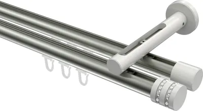 Produktbild von Interdeco Innenlaufstange / Gardinenstange mit Innenlauf Edelstahl-Optik / Weiß, Typ Siteno Estana (Glitzerkappe), 20 mm Ø 2-läufig, 240 cm