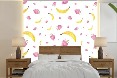 Produktbild von MuchoWow® Fototapete für Wohnzimmer oder Schlafzimmer Wandtapete Vinyl Motivtapete Banane - Erdbeere - Weiß - Design - 280x280 cm - Hintergrundbild