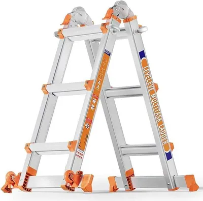 Imagen del producto de Escalera multiusos de 3 peldaños, extensible a 3,35 metros, fabricada en aluminio, con barra estabilizadora y ruedas. Capacidad de carga de 150 kg. Escalera de seguridad con estructura en forma de "A", ideal para escaleras, uso interior y exterior del hogar, y techos