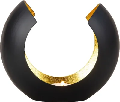 Teelichthalter in Form eines Hufeisens, aus schwarzem Metall gefertigt mit einem goldenen Innenrand.