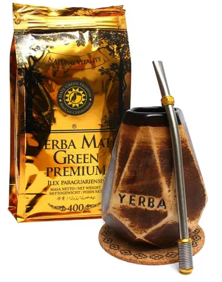 Image de Kit de démarrage Yerba Mate Green Premium - Yerba Mate Green Premium 400 g, tasse en céramique « Crystal Honey » et bombilla à ressort en acier inoxydable de 16 cm