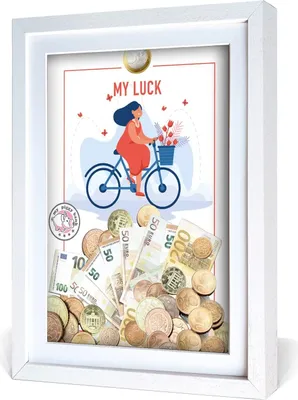 Produktbild von aFFa frames My Piggy Bank Spardose, 3D Bilderrahmen zum Befüllen, Geldgeschenke Verpackung für Auto, Haus, Geburtstag, mit Acrylglasfront, aus Holz, 32x42x2,5cm, Weiß,  Rahmen Glück Muster
