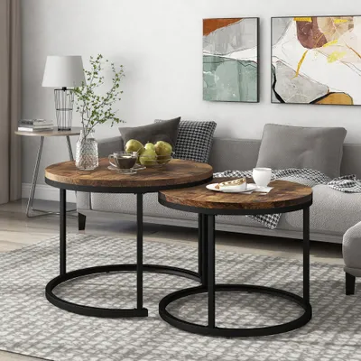 Image de Table basse ronde Lot de 2 tables basses Salon Table d'appoint ronde emboîtée 2 Table d'appoint ronde (Marron)