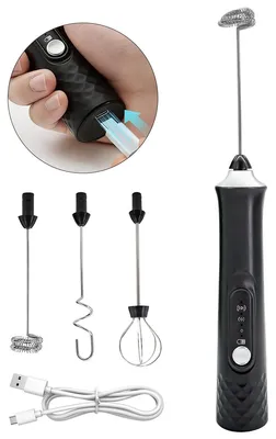 Produktbild von Milchaufschäumer USB-C – Wiederaufladbarer Handaufschäumer mit 3 Edelstahl-Schneebesen, 3 Geschwindigkeiten & Ständer, Elektrischer Latte Aufschäumer