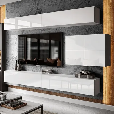 Produktbild von Hängende Wohnwand SALVATORE 300 cm weiß Hochglanz\weiß Schrankwand Vitrine BERLIN ALLHOUSE24 MÖBEL