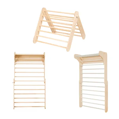 A collage of three images showing a wooden climbing triangle and a wooden wall bar in different configurations.