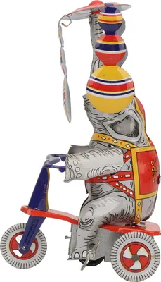 Productafbeelding van Olifant op een driewieler, blikken speelgoed, retro ijzer, handgemaakt uurwerk, verzamelobject