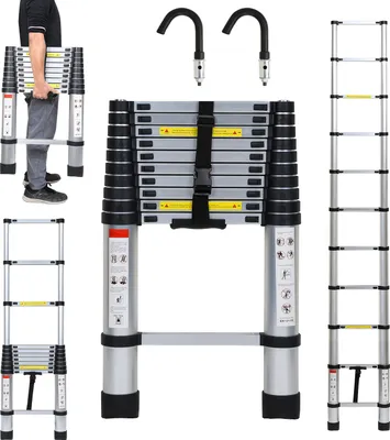 Obrázok produktu pre Jayseuw teleskopický rebrík strieborný 3,2 m s hákmi Výsuvný rebrík do 150 kg Robustný hliníkový rebrík Multifunkčný rebrík Štafle