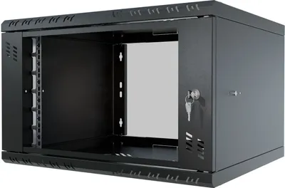 A black server rack cabinet with a glass door and a key lock.