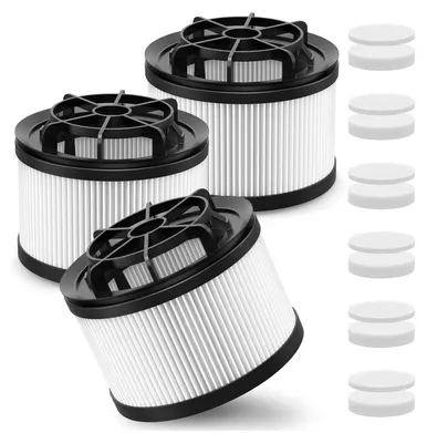 Three vacuum cleaner filters are arranged on a white background, with a stack of smaller circular filters to the right.