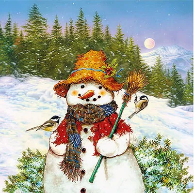 Produktbild von RP 20 kleine Cocktailservietten Snowman & Birds - Meisen an Schneemann mit Hut 25x25cm