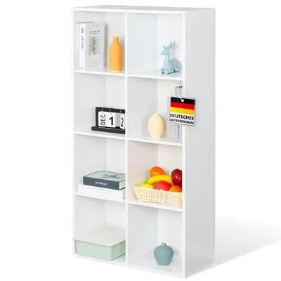Obrázek produktu pro Knihovna, Bílý stojící regál z MDF s 8 přihrádkami na knihy a bytové doplňky, 65,5 x 30 x 129,5 cm, Bílý regál, Arkansas