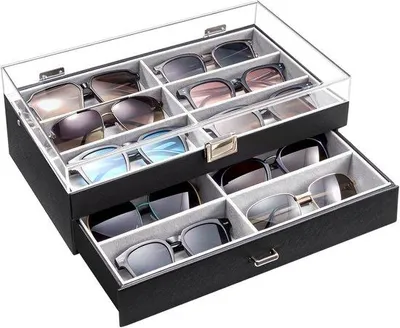 Produktbild von Famanu Brillen Organizer 12 Fächer - 2-lagiges Brillenetui mit transparentem Deckel und Schublade (Schwarz)