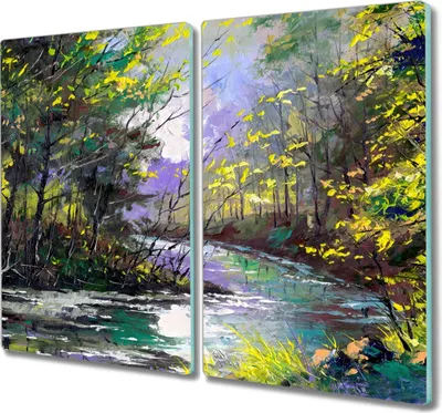Produktbild von Coloray Schneidebrett Herdabdeckplatte 2x30x52 cm Kochplattenabdeckung Küchenbrett Hackbrett - Malerei Baum Wald Fluss