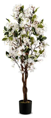 Produktbild von 120 cm Kunstbaum mit Blüten, Kunstpflanze Bougainvillea Baum im Zementtopf, Dekopflanze mit Stämmen, Kunstblume für Innendekoration