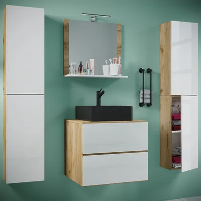 Produktbild von VCM 5-tlg. Waschplatz Waschtisch | schwarzes Waschbecken Unterschrank Breite 60 cm | Badmöbel Set mit Schubladen Drehtüren Spiegel | Lendas S BL