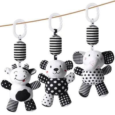 Productafbeelding van Rammelaar hangspeelgoed kinderwagenspeelgoed - Zwart-wit - Met dierenpatronen - Set van 3 stuks