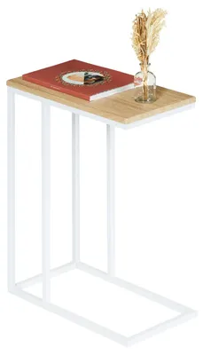 Produktbild von Beistelltisch DEBORA, praktischer Wohnzimmertisch in C-Form, schöner Couchtisch Tischplatte rechteckig in Sonoma Eiche, eleganter Sofatisch mit Metallgestell in weiß