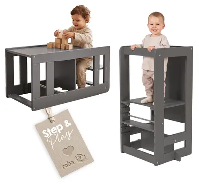 Produktbild von roba Lernturm Step & Play 2in1 - Montessori Küchenhelfer & Sitzgarnitur für Kinder - 3-fach höhenverstellbar - Belastbar bis 30 kg - Anthrazit, KI-generiertes Bild