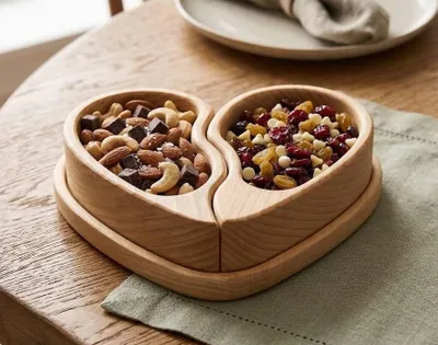 Immagine prodotto di Ciotola in legno a forma di metà cuore, corredata di un sottopiattino a forma di cuore