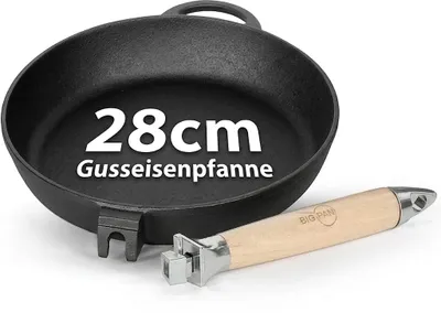 Produktbild von Gusseisen-Pfanne Ø28 cm TIEF Induktion abnehmbarer Holzgriff unbeschichtete Gusspfanne für Backofen