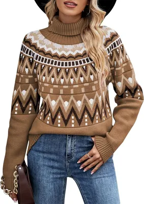 Produktbild von ASKSA Damen Pullover Rollkragenpullover Langarm Strickpullover Weihnachtspullover Rundhalsausschnitt Casual Lose Pulli Pullover Damen Winter Oberteile,Khaki,S