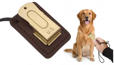 Hunde-Trainings-Clicker aus Messing und Stahl mit Lederscheide