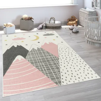 Produktbild von Kinderteppich Teppich Kinderzimmer Junge Mädchen Modern Berge Sterne Wolken Pink Grösse 200 cm Rund