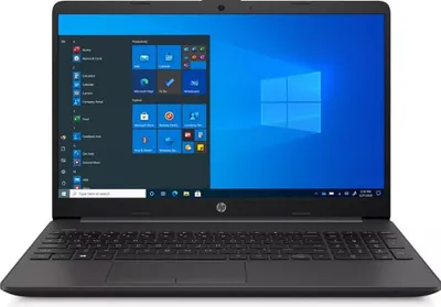 A front-facing view of an open HP laptop displaying the Windows 11 operating system on its screen.