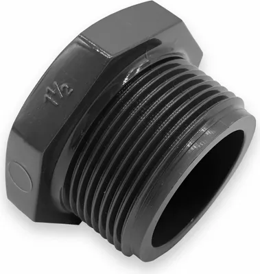 A close-up studio shot of a gray PVC threaded plug on a white background.