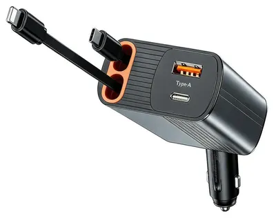 Produktbild von 80W USB-C Auto Ladegerät, 4-in-1 mit einziehbarem Kabel, 180° drehbar, Spannungsanzeige – KFZ Schnellladegerät & Zigarettenanzünder Adapter für iPhone