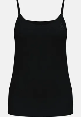 Schwarzes Singlet mit dünnen Trägern und kleinem Odlo-Logo auf der Brust