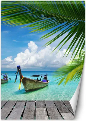 Produktbild von Vlies fototapete Tropisches Palmenstrandboot 200x280 cm Feeby Blau inkl. Kleber einfache Montage