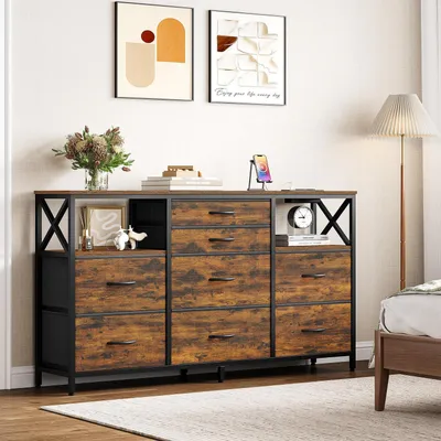 Immagine prodotto di Comodino da 140 cm con 8 cassetti rivestiti in tessuto, 2 porte USB e 2 prese di corrente, stile vintage, dimensioni 140 x 30 x 86 cm