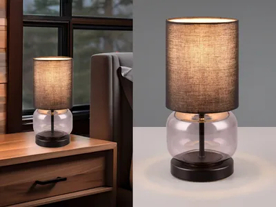 Produktbild von LED Tischleuchte mit Glasfuß Rauchglas Nachttischlampe, Fensterbank Schlafzimmer